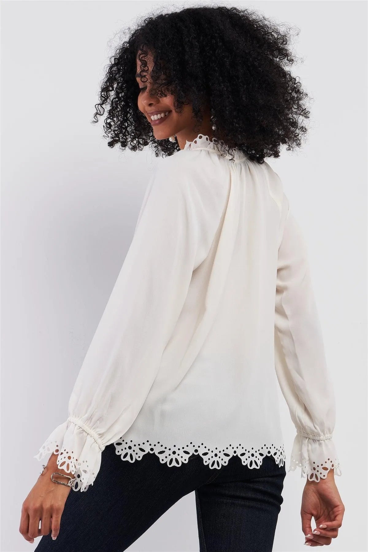 Cream Long Balloon Sleeve Loose Fit Front Draw String Tie Laser Cut Out Flounce Top /2-1-1 - Tasha Apparel Wholesale