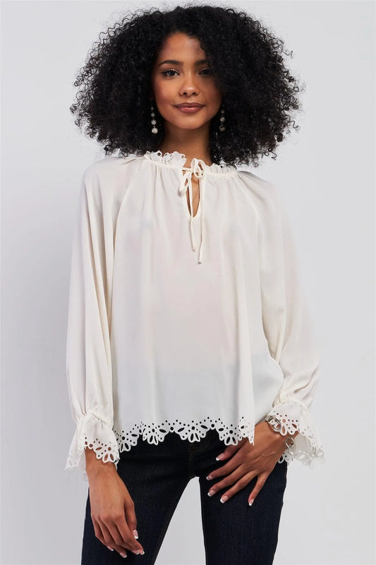 Cream Long Balloon Sleeve Loose Fit Front Draw String Tie Laser Cut Out Flounce Top /1-2-2-1 - Tasha Apparel Wholesale