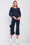 Navy Boho Balloon Sleeve Ruffle Trim Pleated Front Detail Relaxed Top /1-2-2 - Tasha Apparel Wholesale