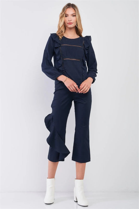 Navy Boho Balloon Sleeve Ruffle Trim Pleated Front Detail Relaxed Top /1-2-2 - Tasha Apparel Wholesale