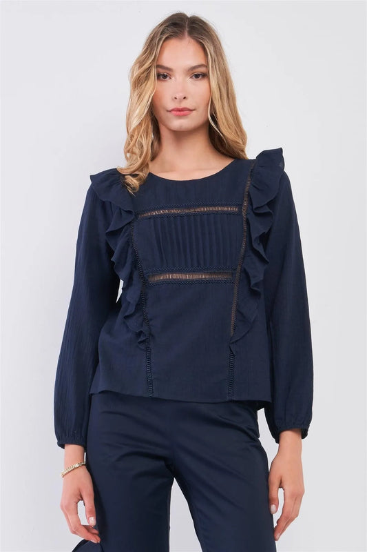 Navy Boho Balloon Sleeve Ruffle Trim Pleated Front Detail Relaxed Top /1-2-2-1 - Tasha Apparel Wholesale