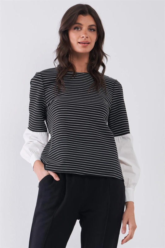 Black & White 2 in 1 Striped High Neck Long Balloon Sleeve Top /1-2-1 - Tasha Apparel Wholesale