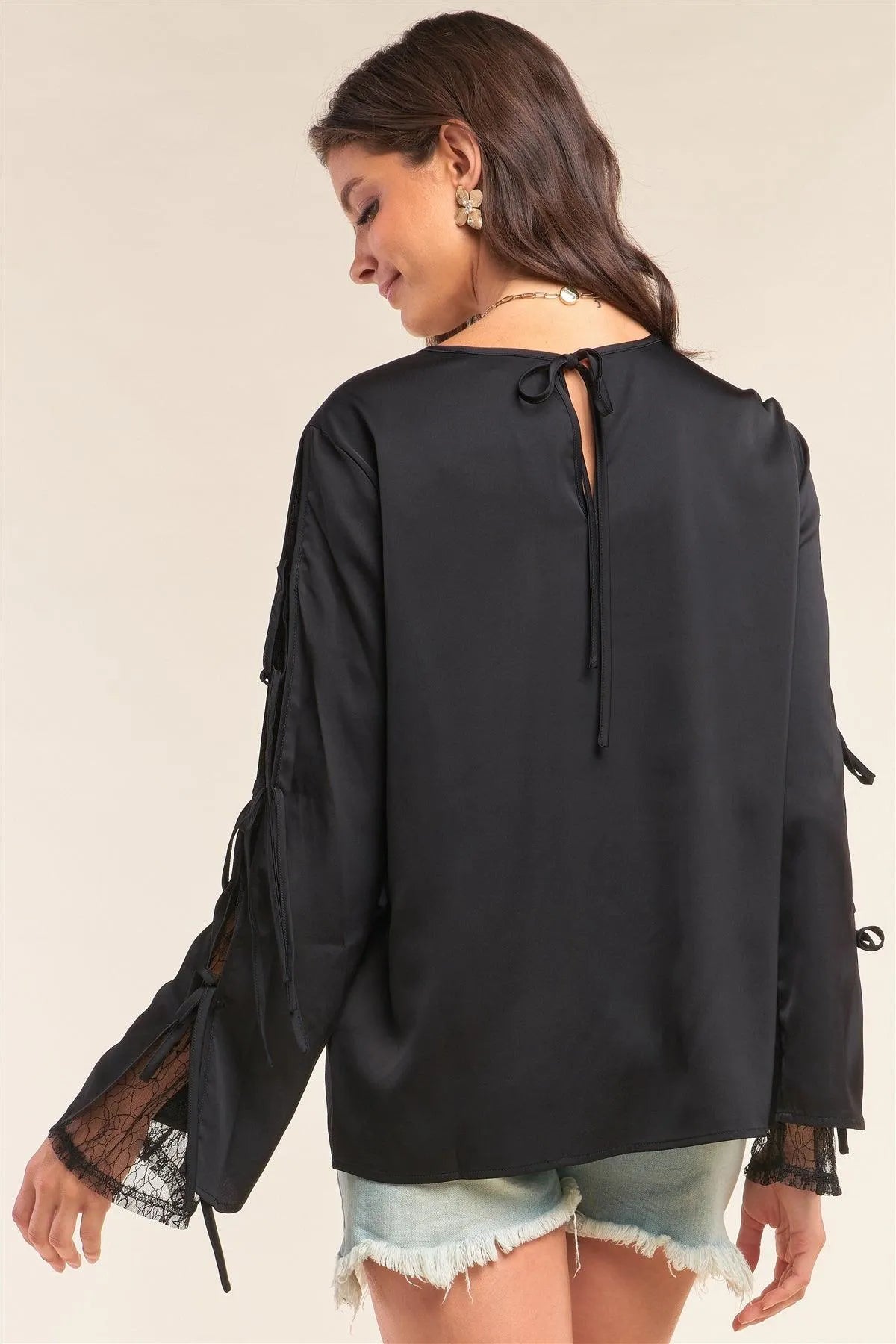 Black Satin Crew Neck Relaxed Fit Lace Mesh Trim Self-Tie Long Sleeve Detail Top /2-2 - Tasha Apparel Wholesale