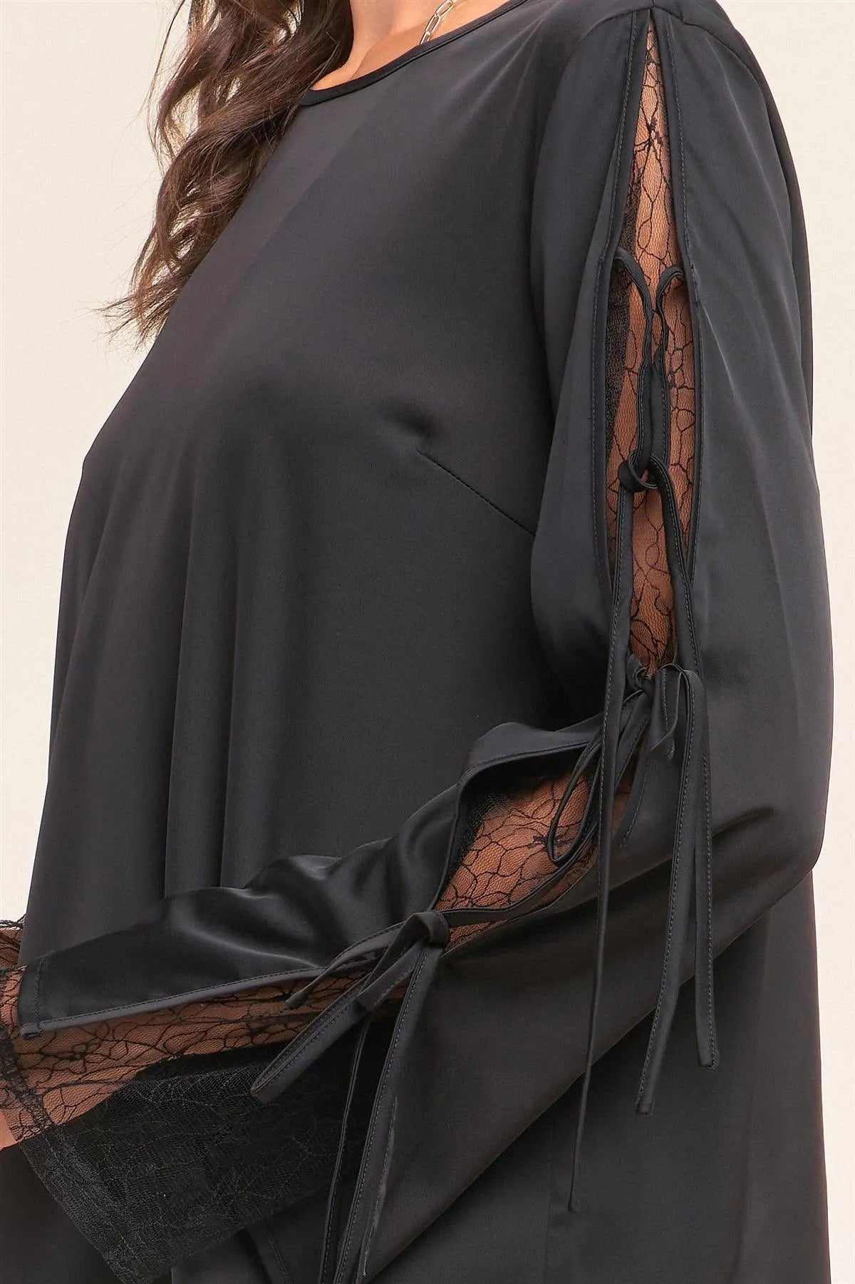 Black Satin Crew Neck Relaxed Fit Lace Mesh Trim Self-Tie Long Sleeve Detail Top /2-2 - Tasha Apparel Wholesale
