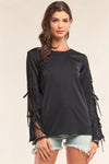 Black Satin Crew Neck Relaxed Fit Lace Mesh Trim Self-Tie Long Sleeve Detail Top /1-2-2-1 - Tasha Apparel Wholesale