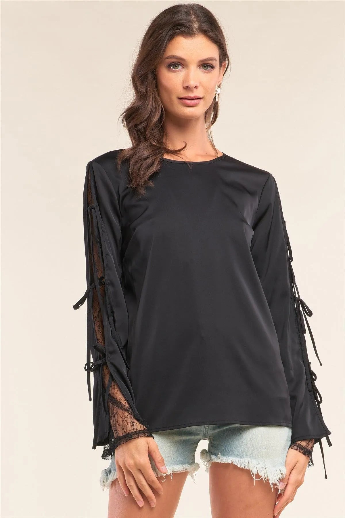 Black Satin Crew Neck Relaxed Fit Lace Mesh Trim Self-Tie Long Sleeve Detail Top /1-2-2-1 - Tasha Apparel Wholesale