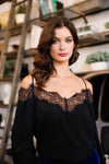 Black Off-The-Shoulder Balloon Sleeve Lace Trimmed Cami Top /1-2-2-1 - Tasha Apparel Wholesale