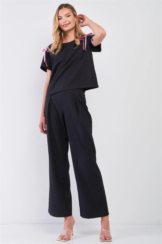 Charcoal Plaid Round Neck Short Sleeve Shoulder Lace Up Detail Top & High-Waisted Wide Leg Pants Two Piece Set /1-2-2-1 - Tasha Apparel Wholesale