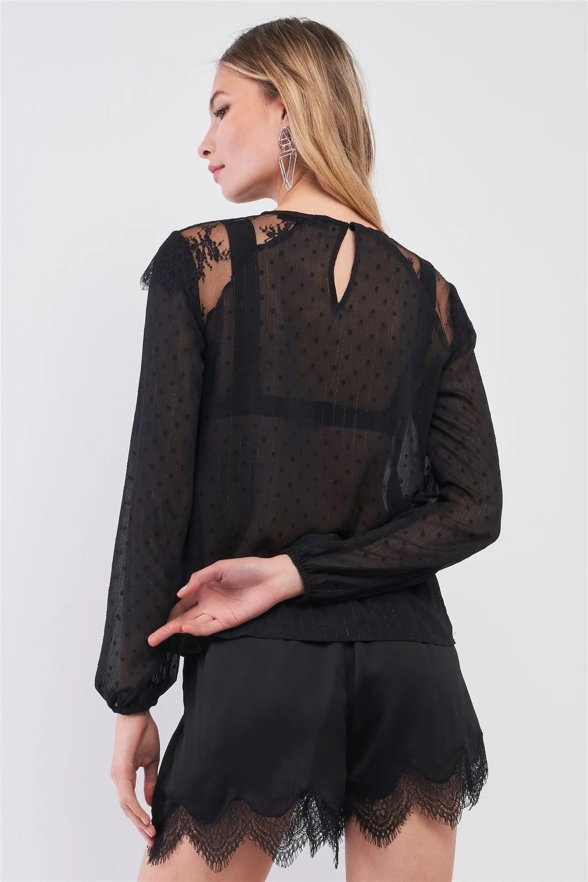 Black Mesh Polka Dot Print Lace Trim Long Sleeve Round Neck Top - Tasha Apparel Wholesale