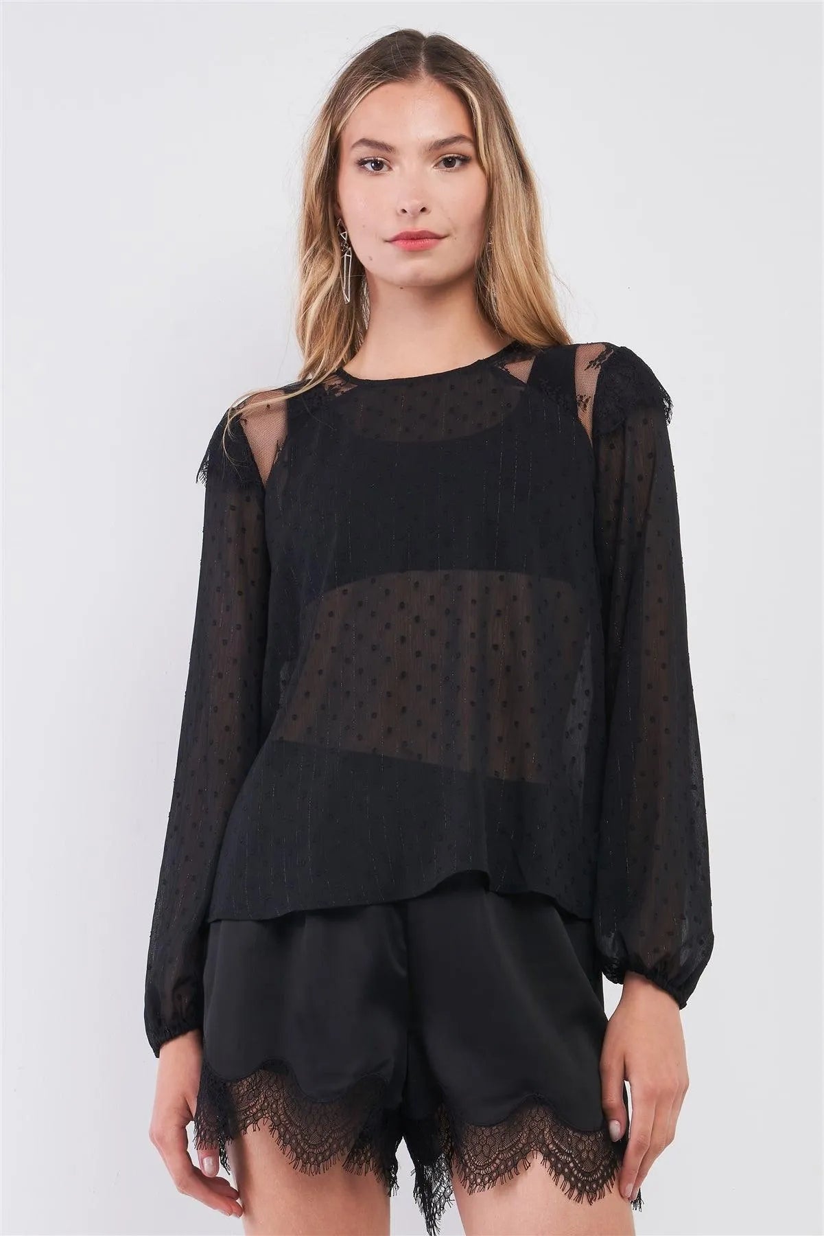 Black Mesh Polka Dot Print Lace Trim Long Sleeve Round Neck Top - Tasha Apparel Wholesale