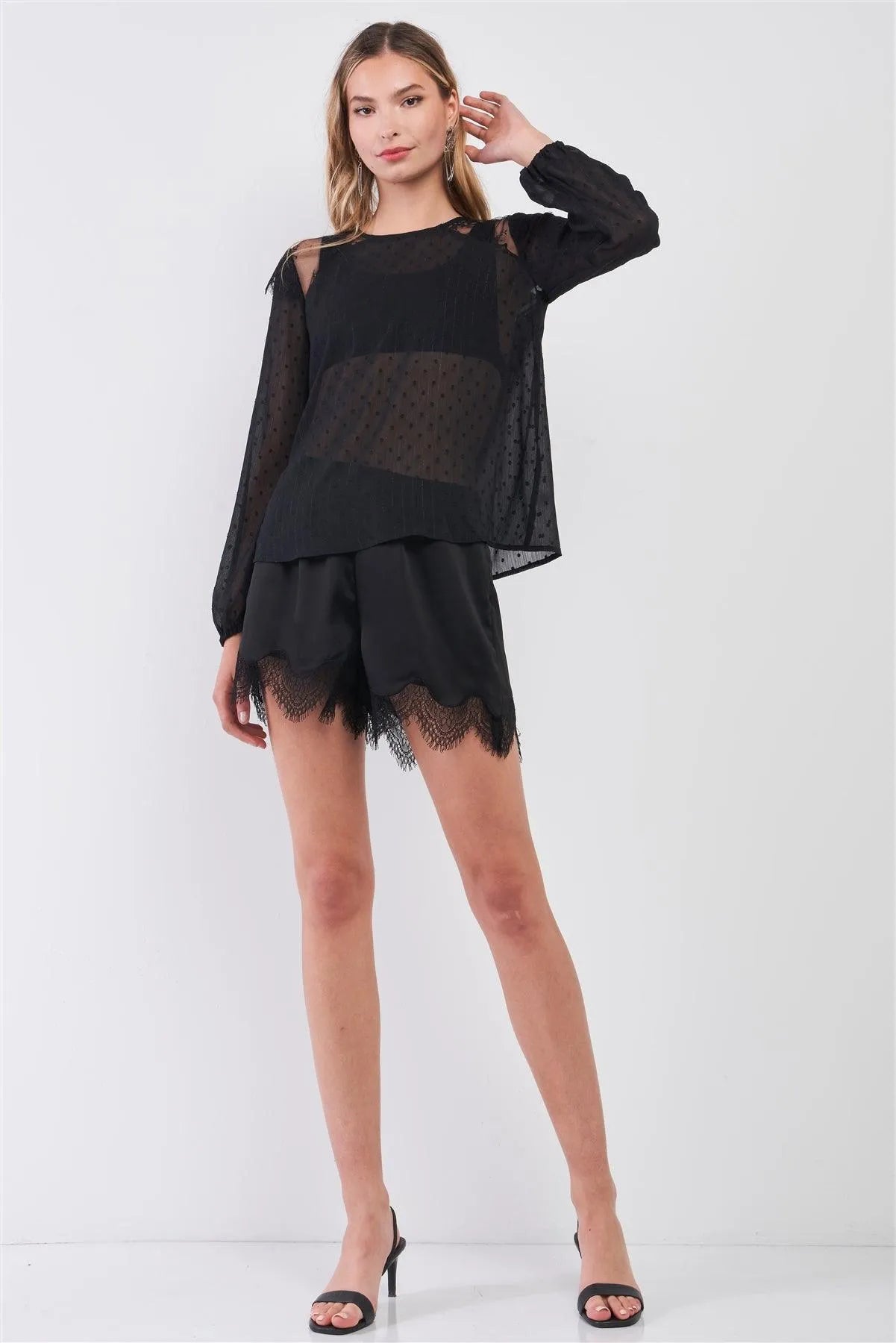 Black Mesh Polka Dot Print Lace Trim Long Sleeve Round Neck Top - Tasha Apparel Wholesale