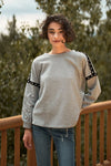Heather Grey Round Neck Velvet & Grommet Trim Balloon Sleeve Relaxed Top /1-2-1 - Tasha Apparel Wholesale
