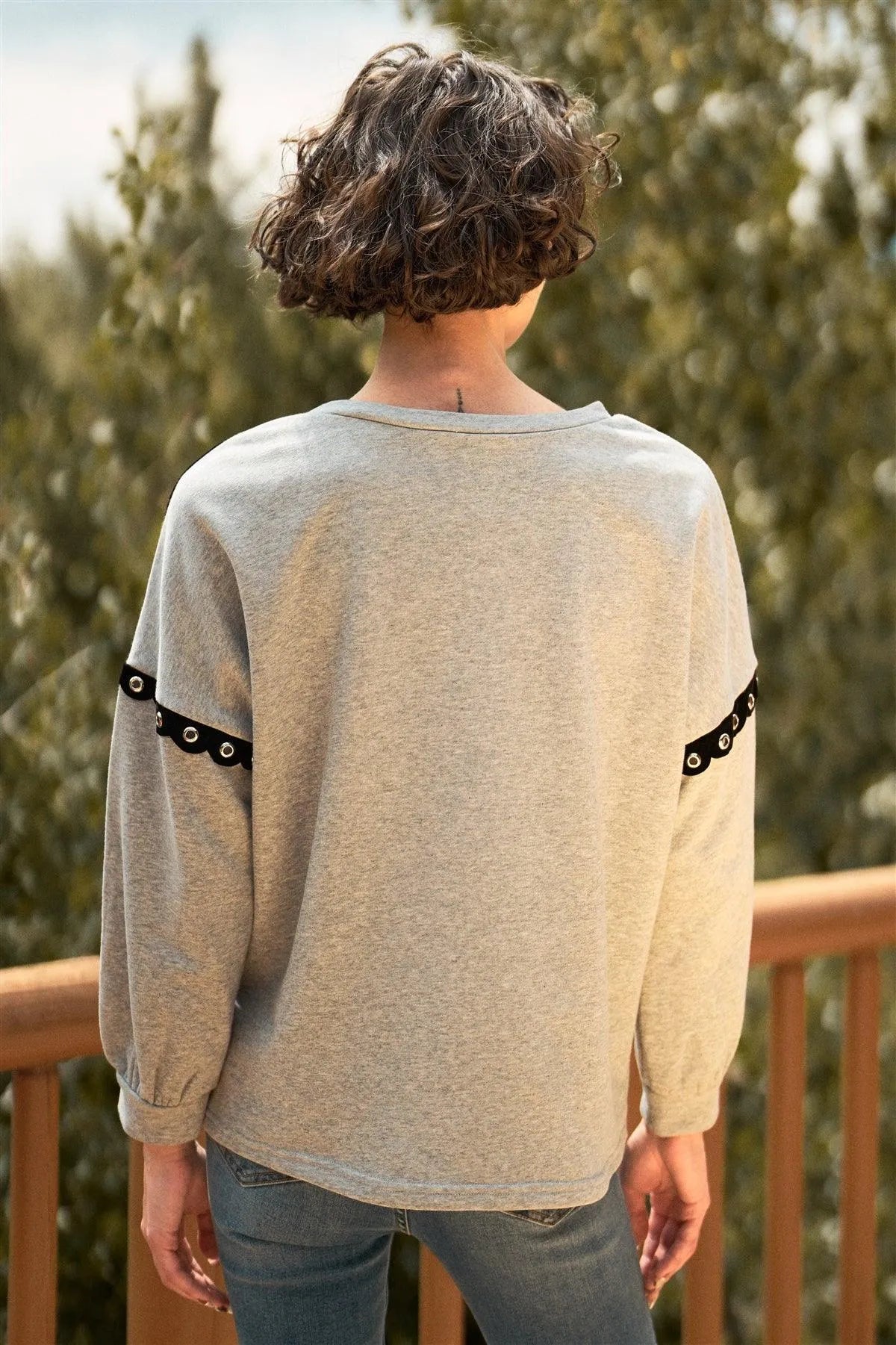 Heather Grey Round Neck Velvet & Grommet Trim Balloon Sleeve Relaxed Top /1-2-1 - Tasha Apparel Wholesale