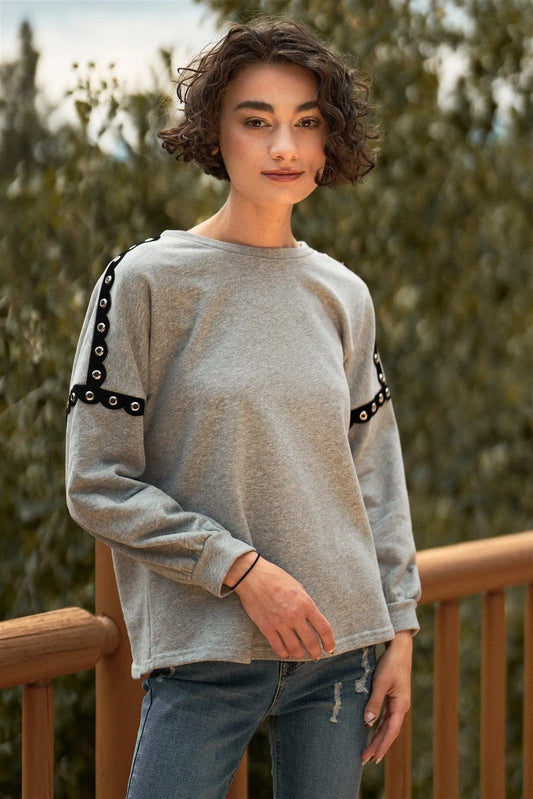 Heather Grey Round Neck Velvet & Grommet Trim Balloon Sleeve Relaxed Top /1-2-2-1 - Tasha Apparel Wholesale