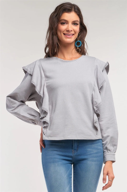 Grey Ruffle Relaxed Long Sleeve Round Neck Crochet Hem Detail Sweater /1-2-2-1 - Tasha Apparel Wholesale