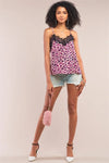 Hot Pink Leopard Print Sleeveless V-Neck Lace Hem Cut-Out Back Detail Babydoll Top /1-2-1 - Tasha Apparel Wholesale