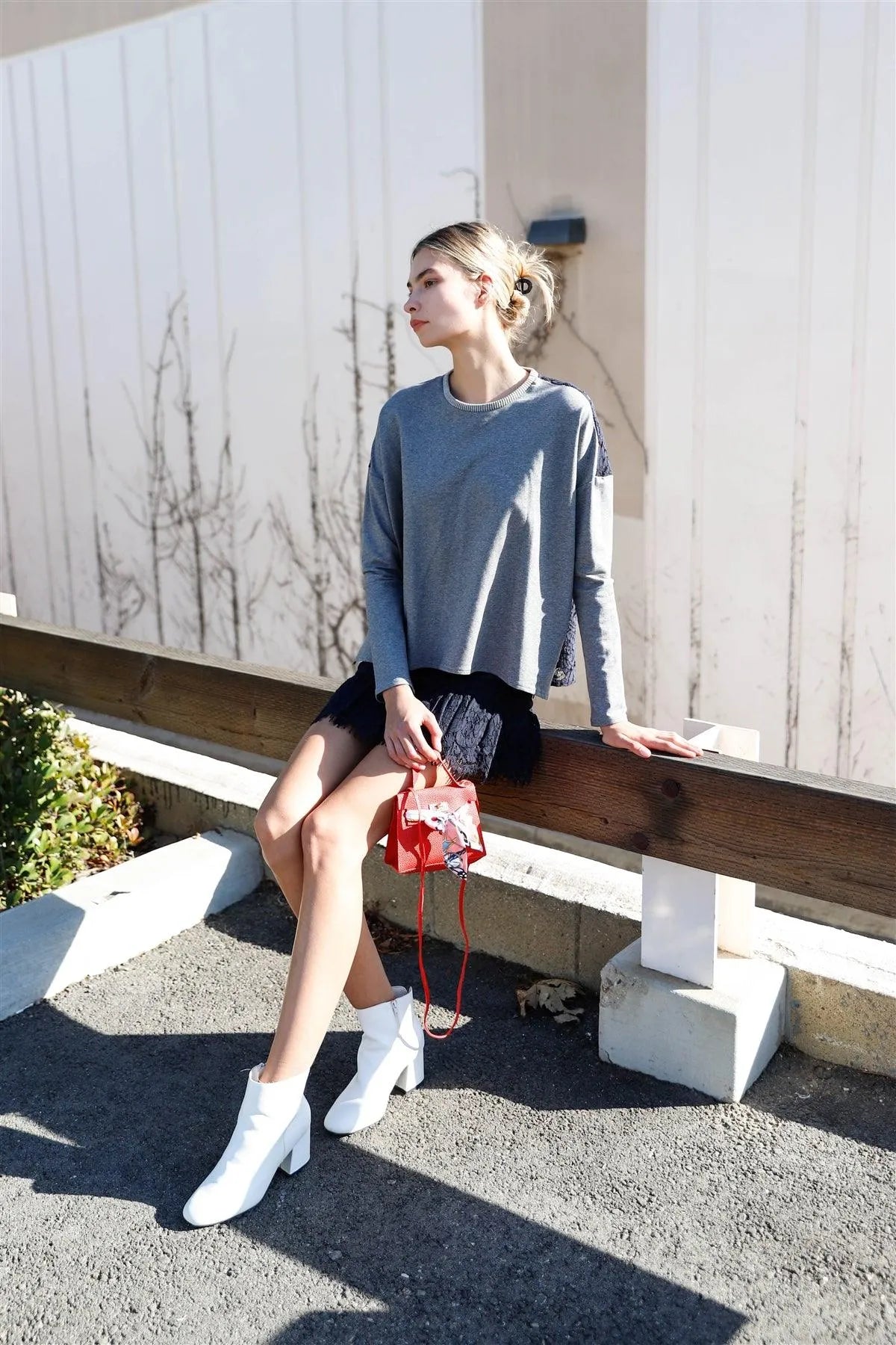 Grey & Navy Crochet Lace Combo Long Sleeve Round Neck Sweatshirt Top /1-2-2-1 - Tasha Apparel Wholesale