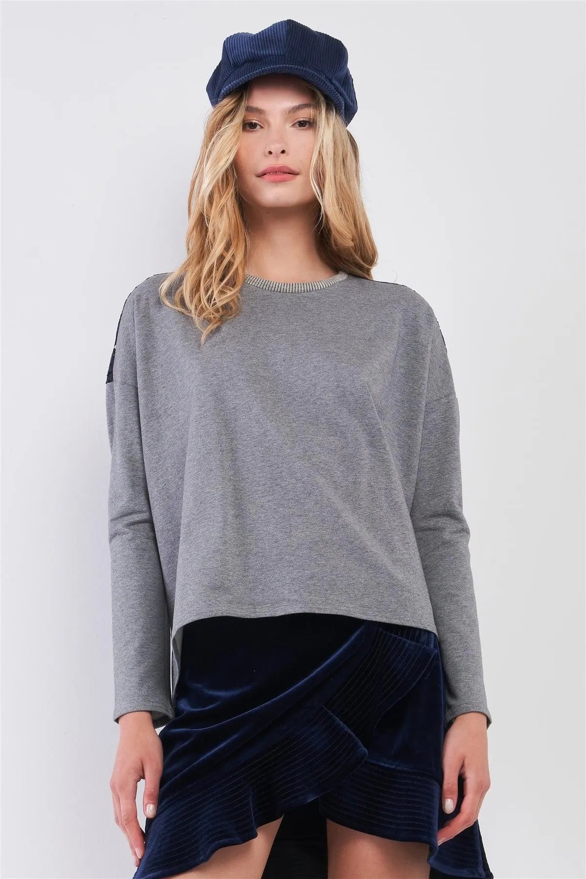 Grey & Navy Crochet Lace Combo Long Sleeve Round Neck Sweatshirt Top /1-2-2-1 - Tasha Apparel Wholesale
