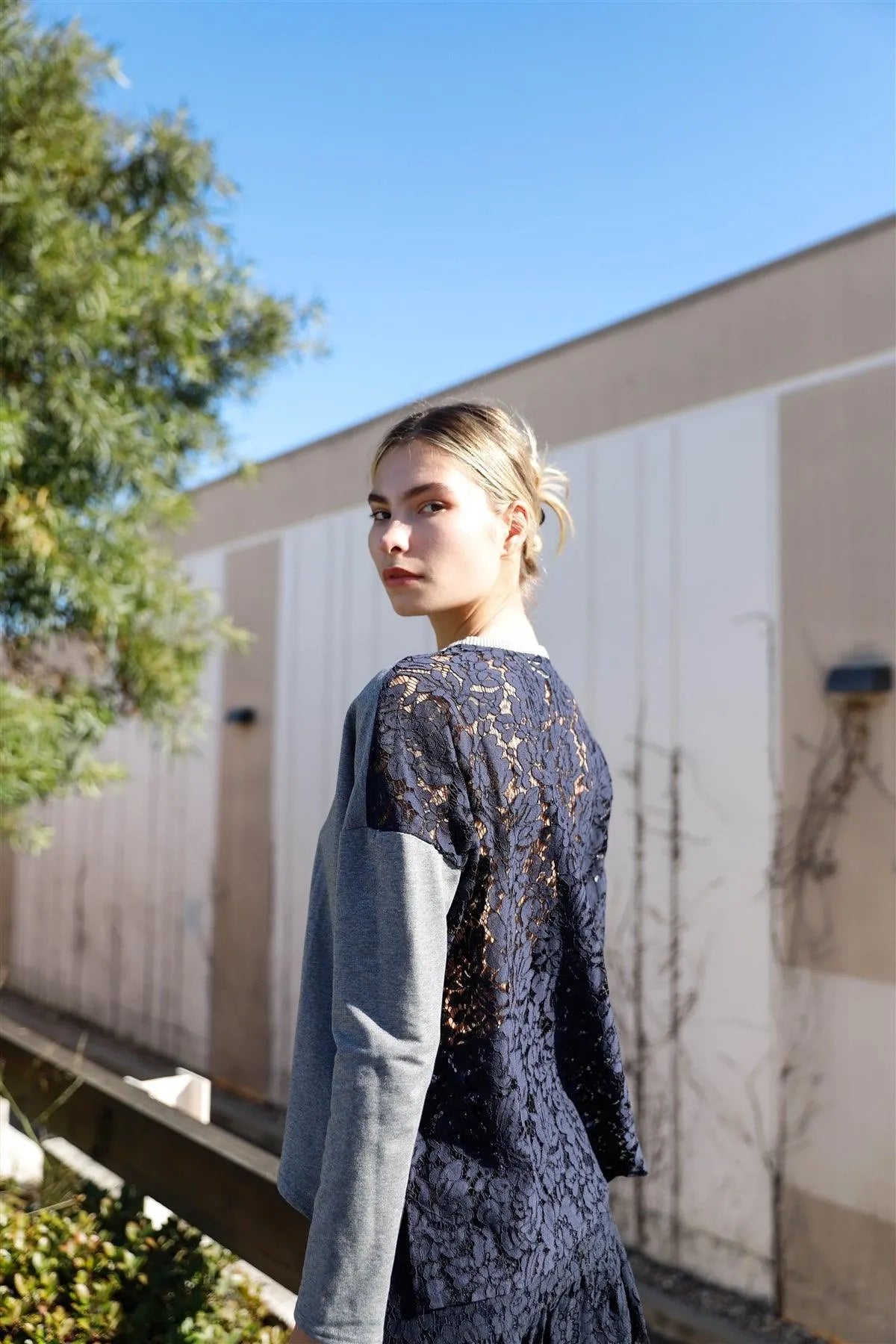 Grey & Navy Crochet Lace Combo Long Sleeve Round Neck Sweatshirt Top /3-2-1 - Tasha Apparel Wholesale
