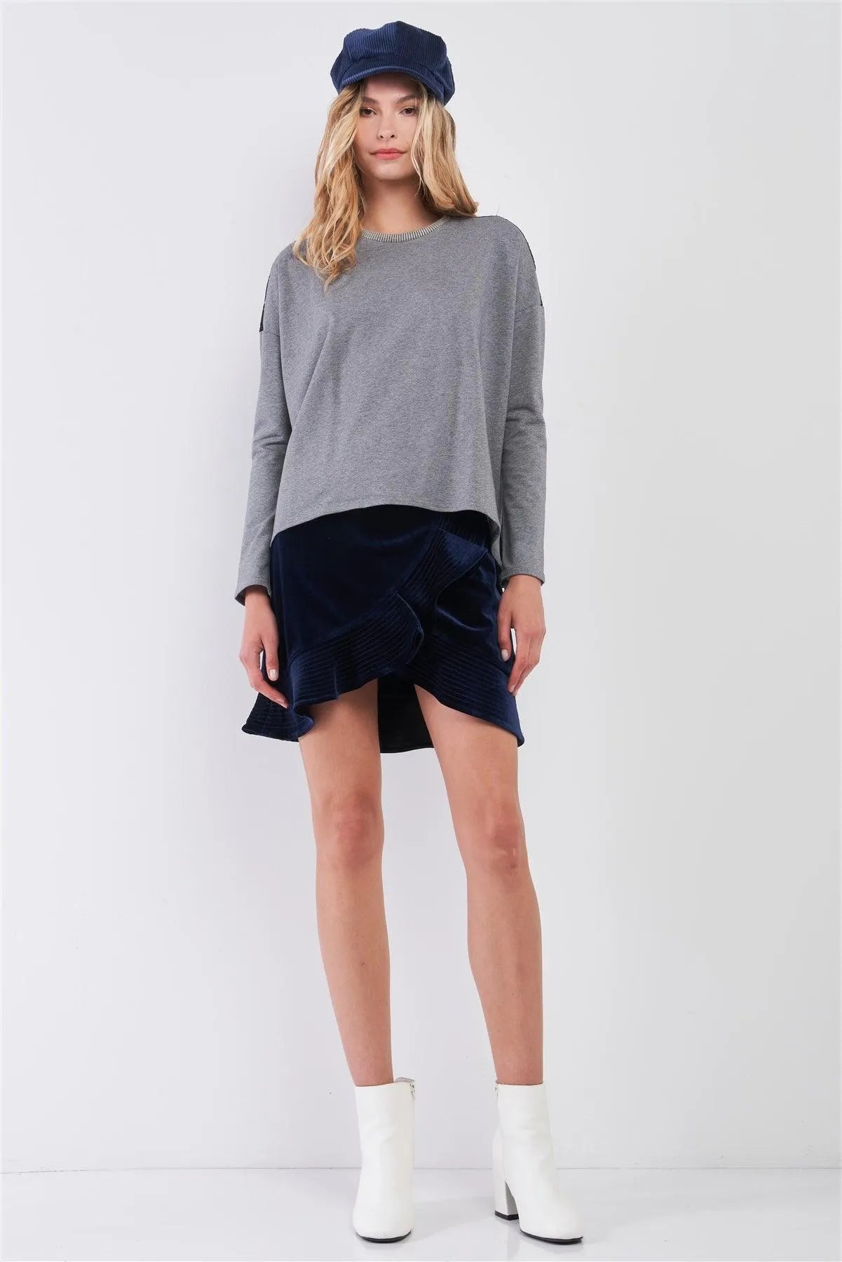 Grey & Navy Crochet Lace Combo Long Sleeve Round Neck Sweatshirt Top /3-2-1 - Tasha Apparel Wholesale