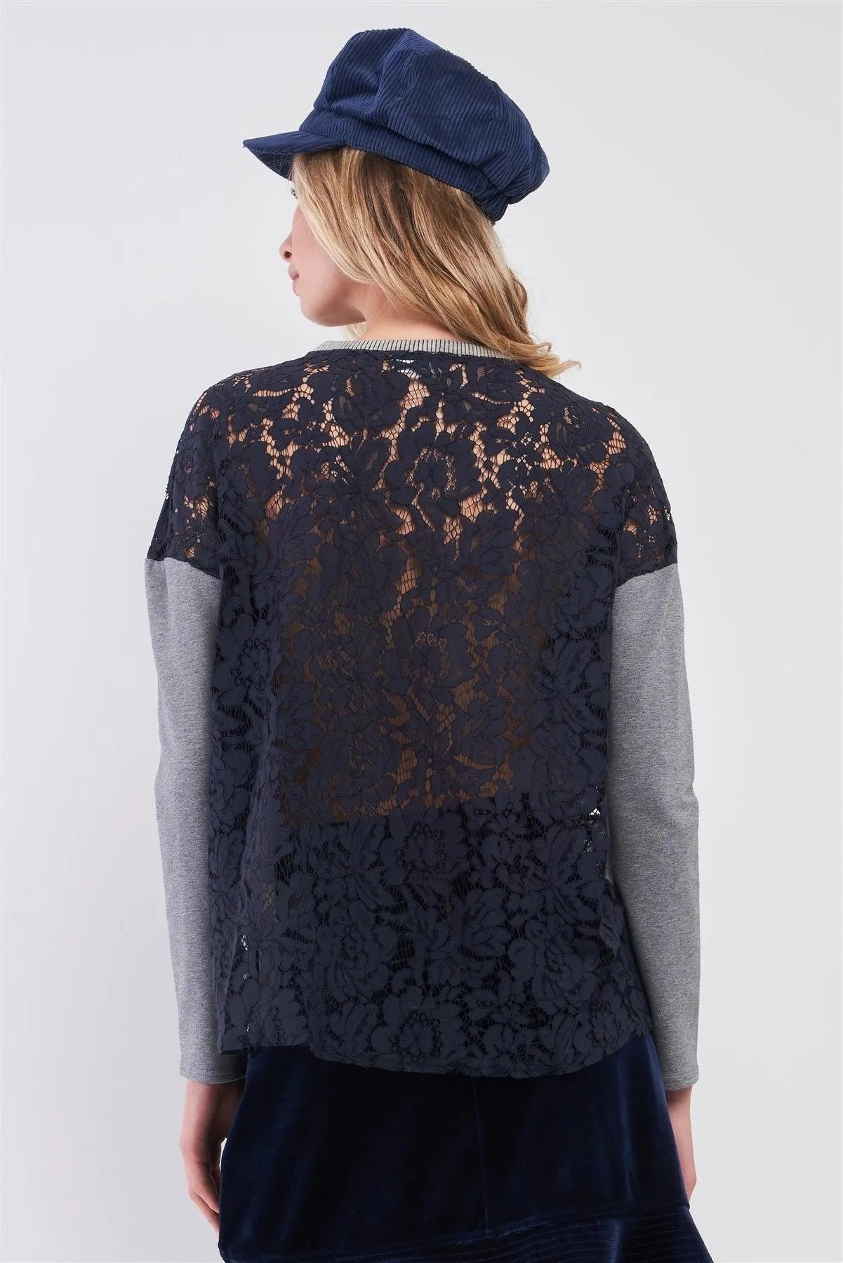 Grey & Navy Crochet Lace Combo Long Sleeve Round Neck Sweatshirt Top /3-2-1 - Tasha Apparel Wholesale