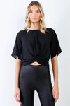 Black Solid Midi Sleeve Twist Detail Front Relaxed Top /1-3-2