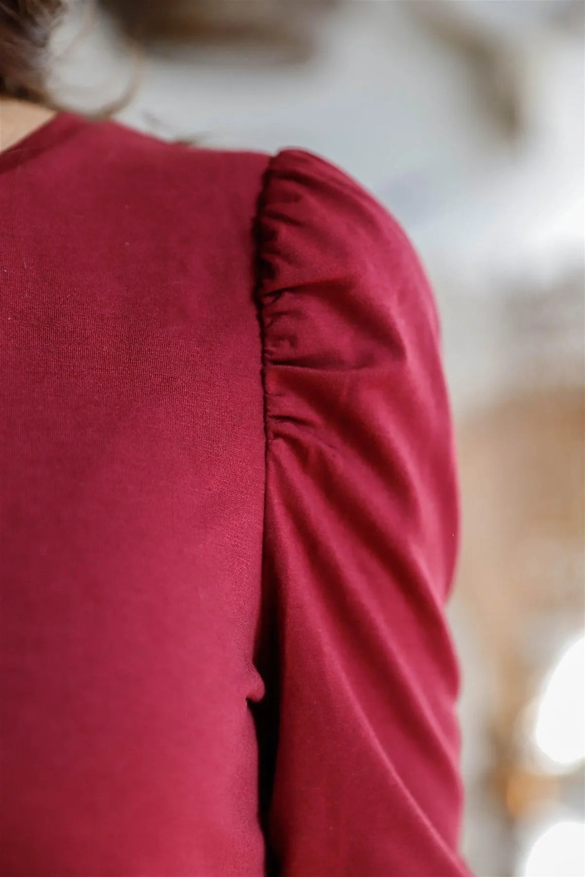 Burgundy Solid Gigot Puff Long Sleeve Top /1-2-2-1 - Tasha Apparel Wholesale