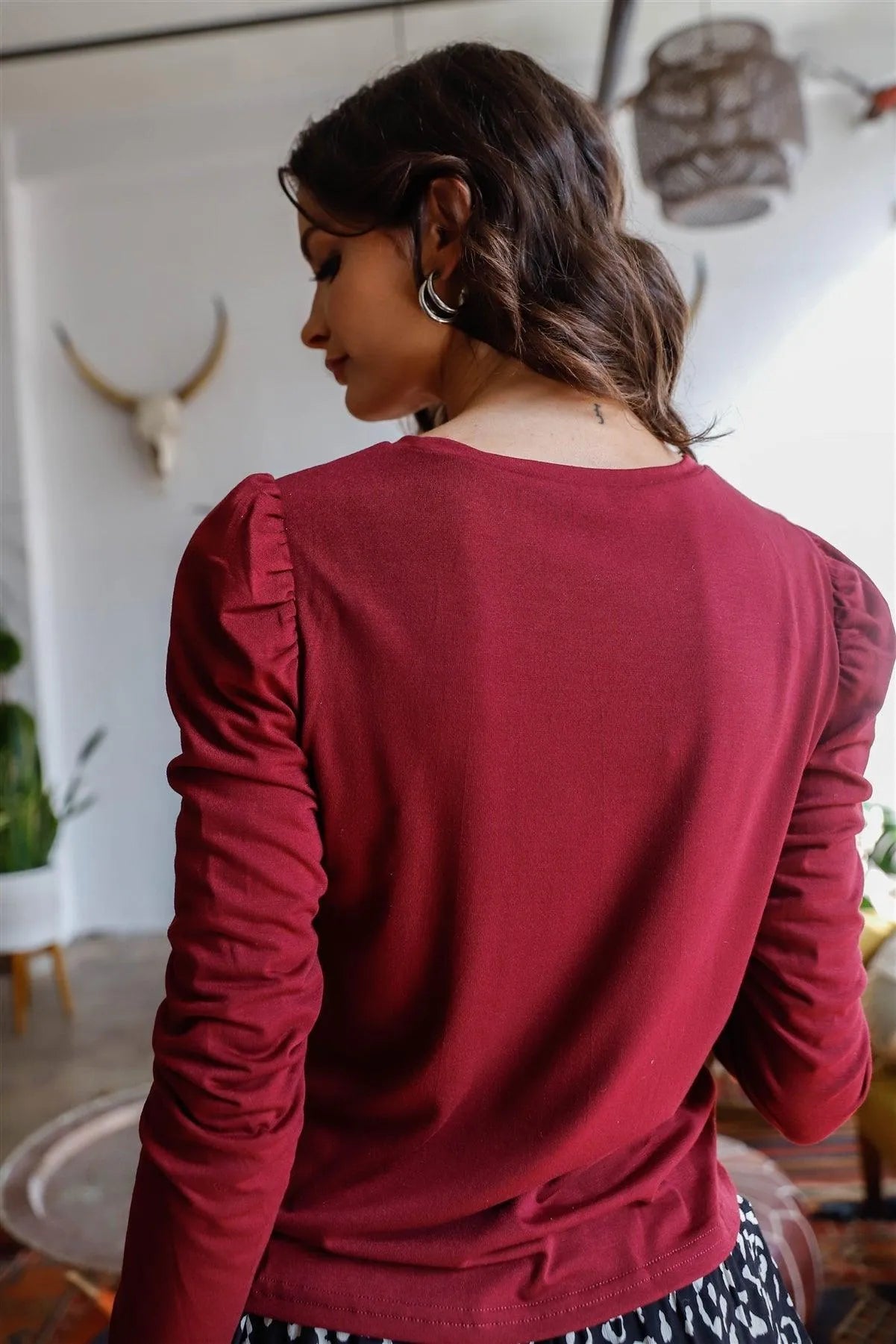 Burgundy Solid Gigot Puff Long Sleeve Top /1-2-2-1 - Tasha Apparel Wholesale