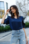 Navy Satin Effect V-Neck Ruched Puff Short Sleeve Top /2-2-2 - Tasha Apparel Wholesale