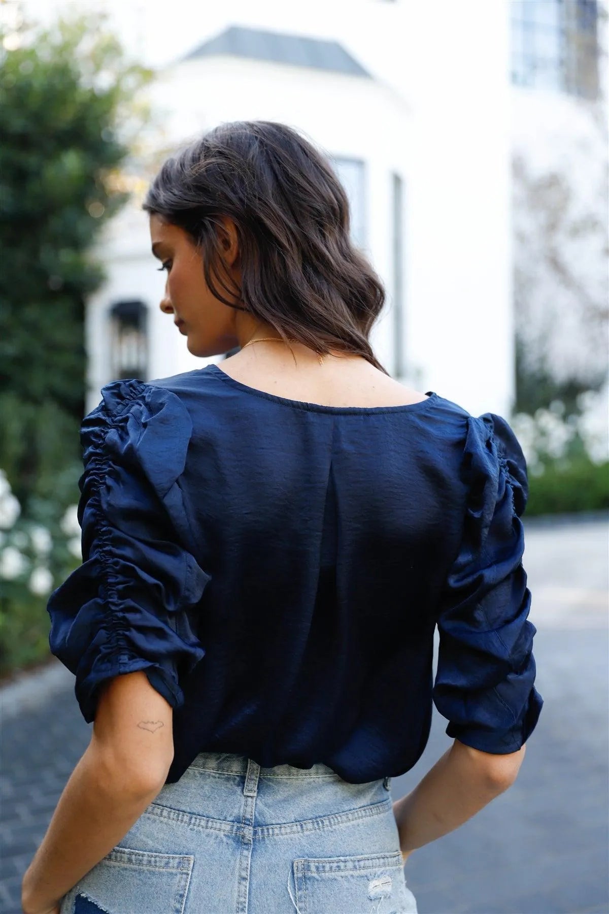Navy Satin Effect V-Neck Ruched Puff Short Sleeve Top /2-2-2 - Tasha Apparel Wholesale