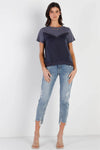 Blue Satin Effect Lace Trim Detail Short Sleeve Top /1-1-3-1 - Tasha Apparel Wholesale
