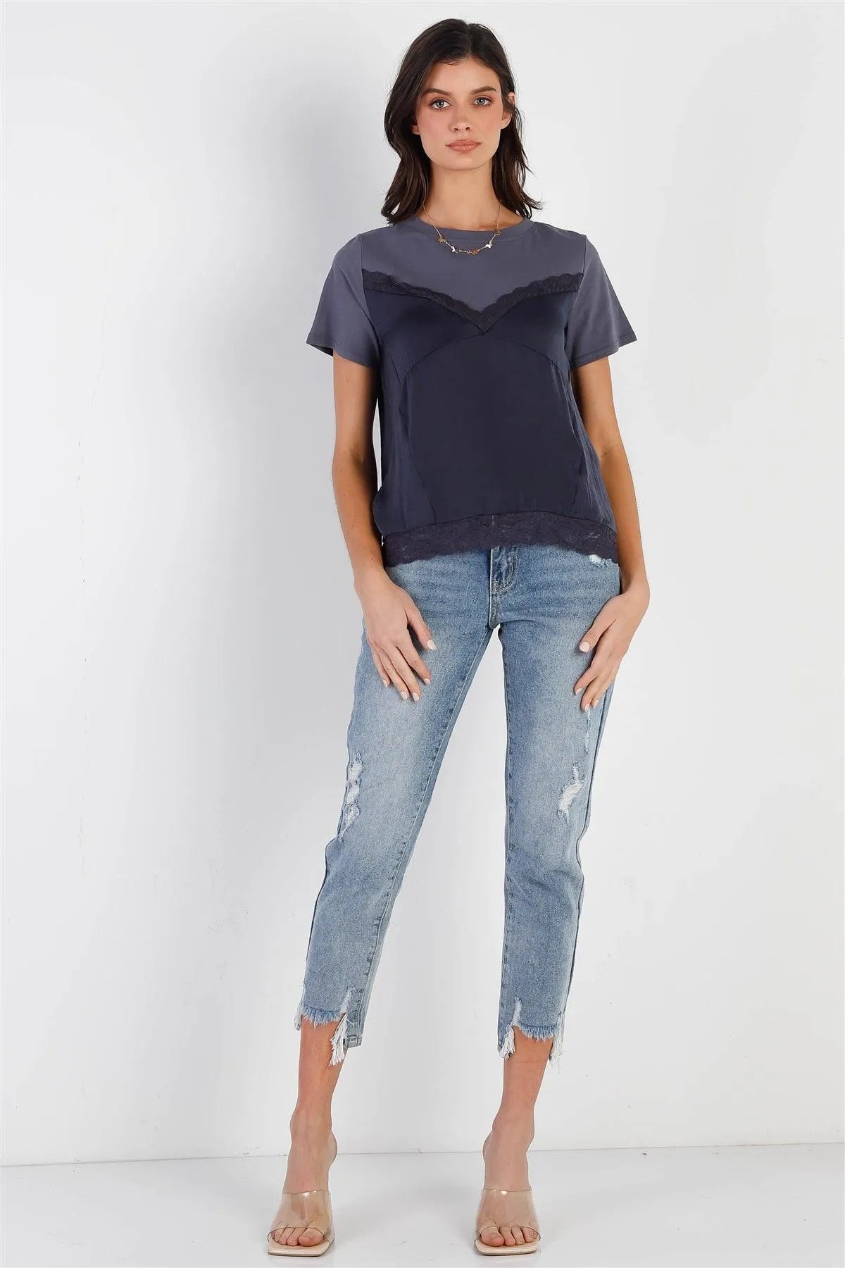 Blue Satin Effect Lace Trim Detail Short Sleeve Top /1-1-3-1 - Tasha Apparel Wholesale