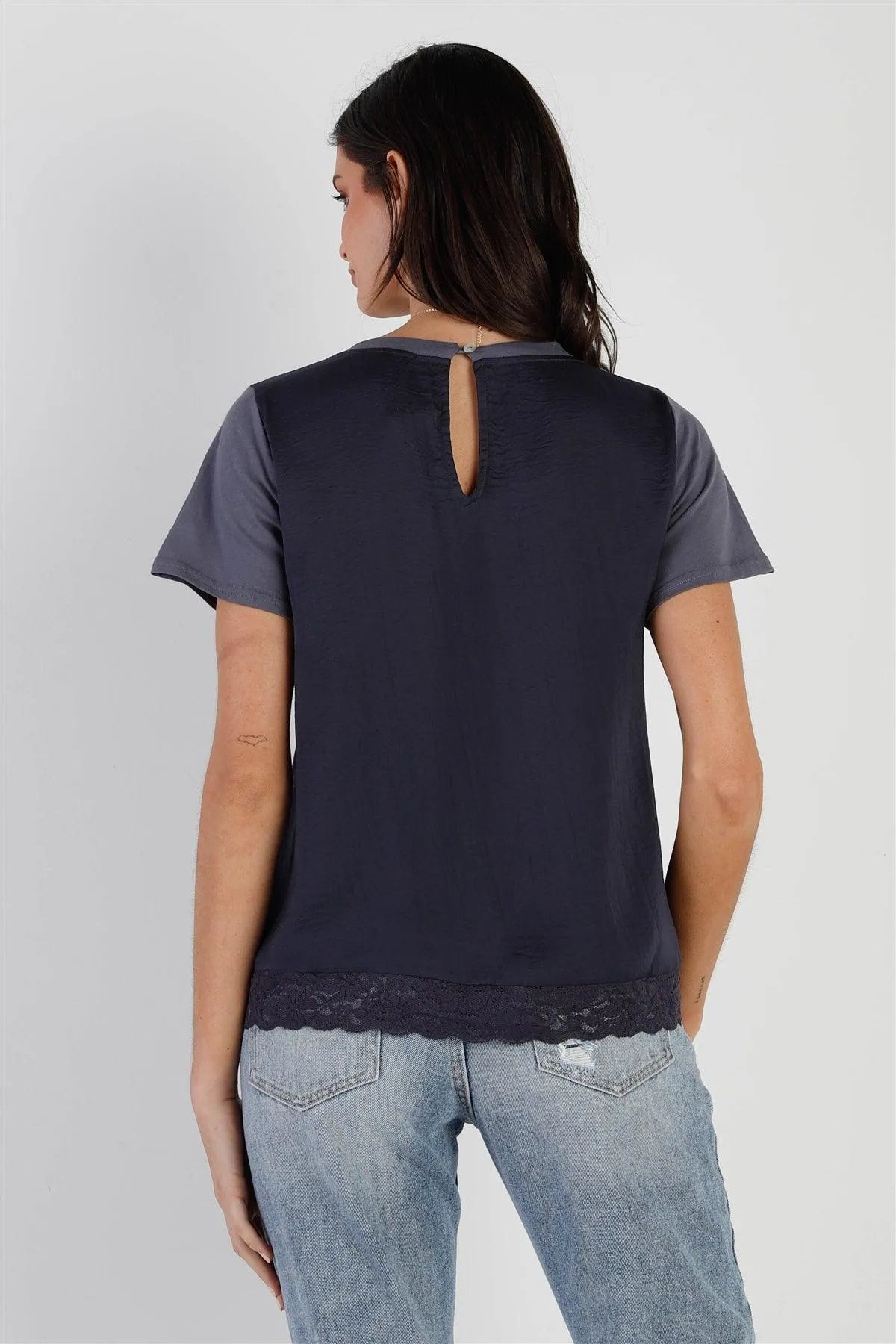 Blue Satin Effect Lace Trim Detail Short Sleeve Top /1-1-3-1 - Tasha Apparel Wholesale