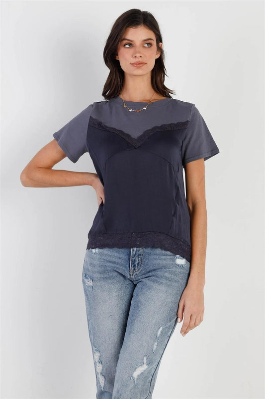 Blue Satin Effect Lace Trim Detail Short Sleeve Top /1-2-2-1 - Tasha Apparel Wholesale