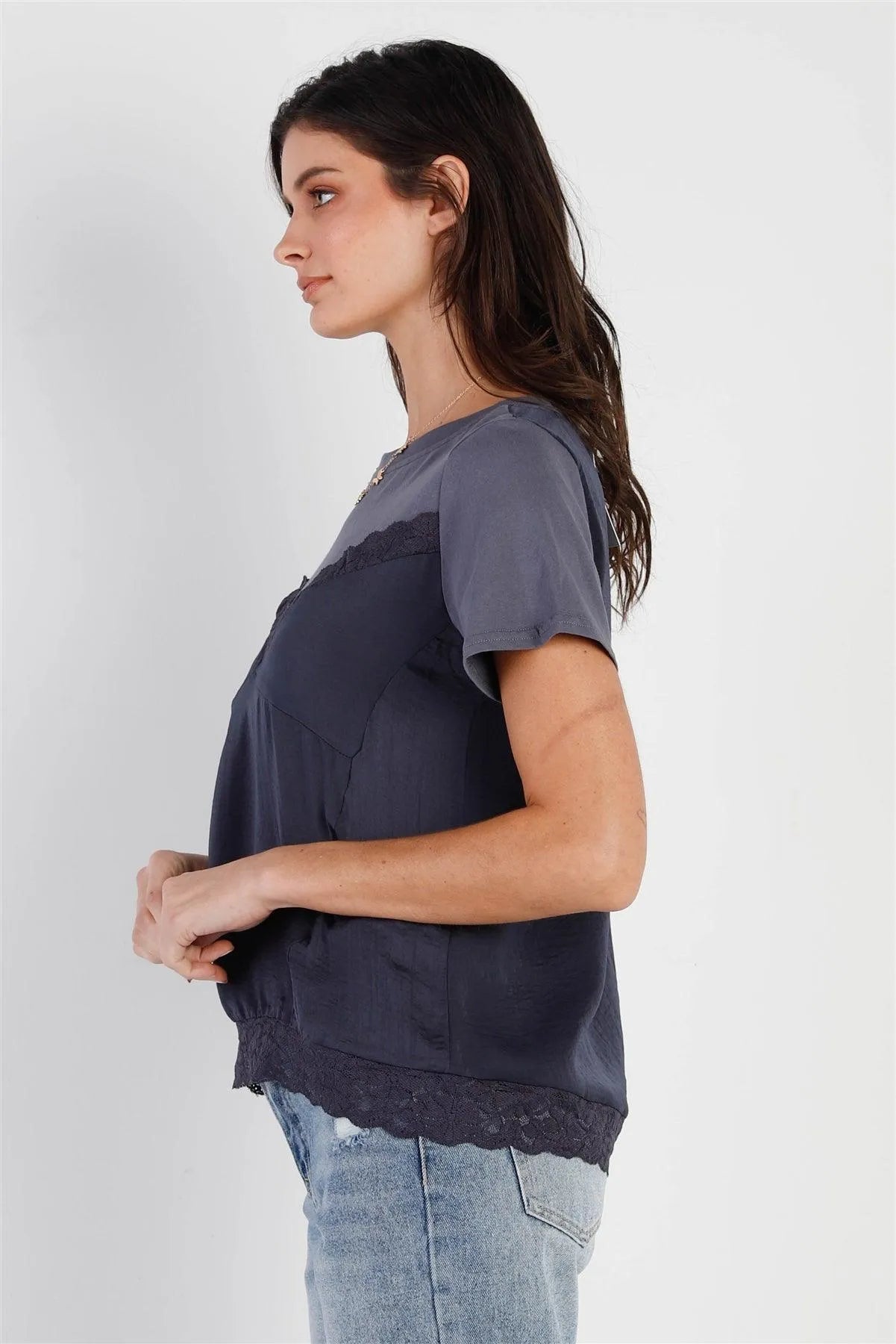 Blue Satin Effect Lace Trim Detail Short Sleeve Top /1-2-2-1 - Tasha Apparel Wholesale