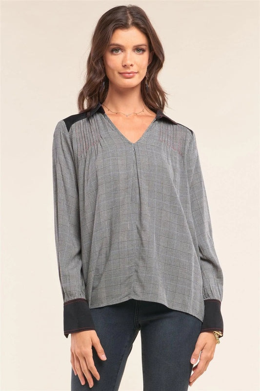 Black Checkered Pleated Shoulder Satin Cut-Ins Red Stitching Detail Long Sleeve V-Neck Relaxed Fit Blouse /1-2-2-1 - Tasha Apparel Wholesale