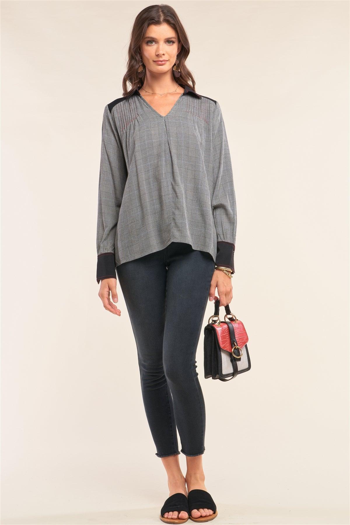 Black Checkered Pleated Shoulder Satin Cut-Ins Red Stitching Detail Long Sleeve V-Neck Relaxed Fit Blouse /1-2-2-1
