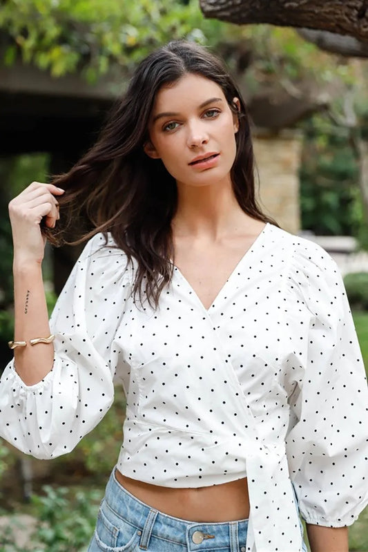 White & Black Polka Dot Balloon Sleeve Self Tie Crop Top - Tasha Apparel Wholesale