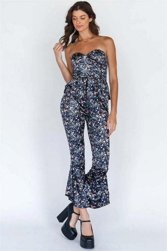 Multi Color Floral Print Velvet Top & Flare Hem Pants Set - Tasha Apparel Wholesale