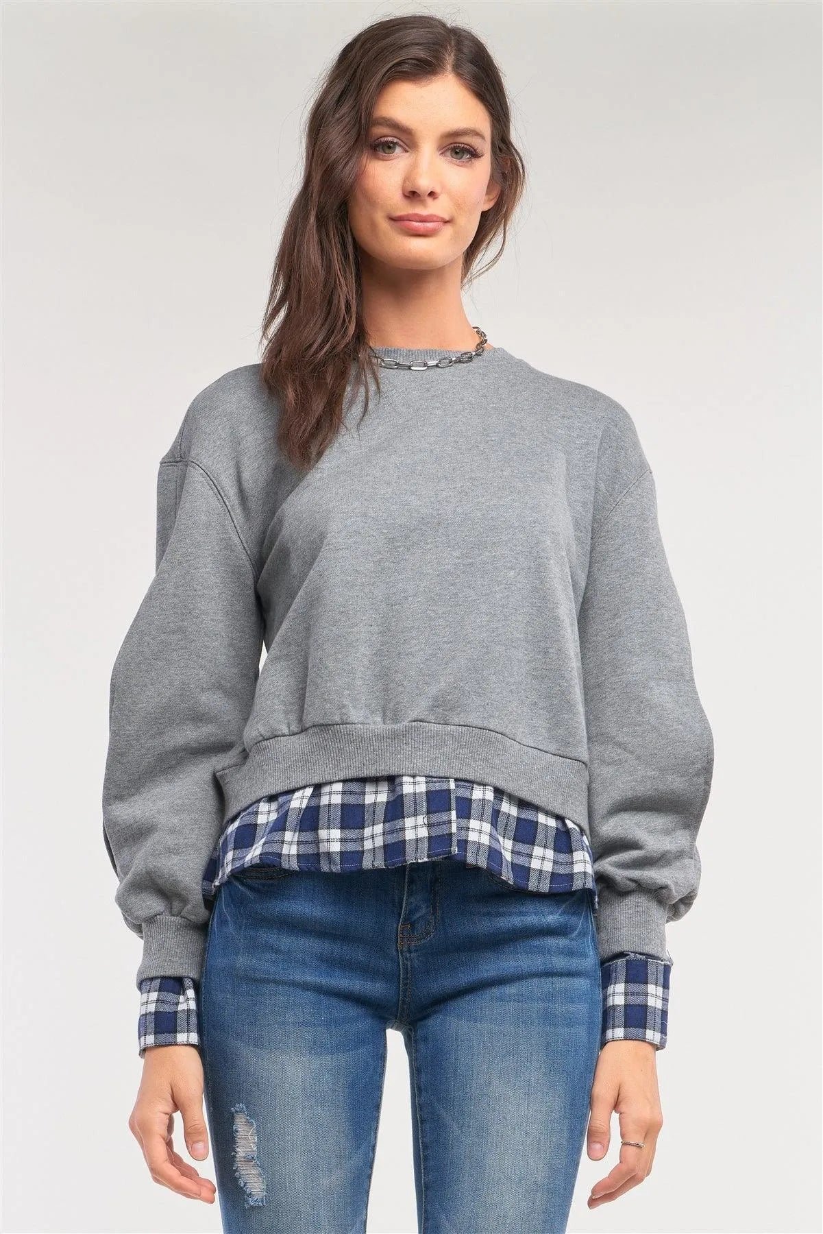 Grey Preppy Style Mock Shirt Checkered Flannel Hem Slit Sleeve Detail Sweater /1-2-2-1 - Tasha Apparel Wholesale
