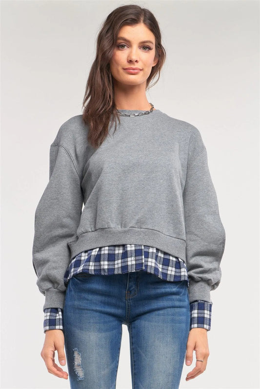 Grey Preppy Style Mock Shirt Checkered Flannel Hem Slit Sleeve Detail Sweater /1-2-2-1 - Tasha Apparel Wholesale