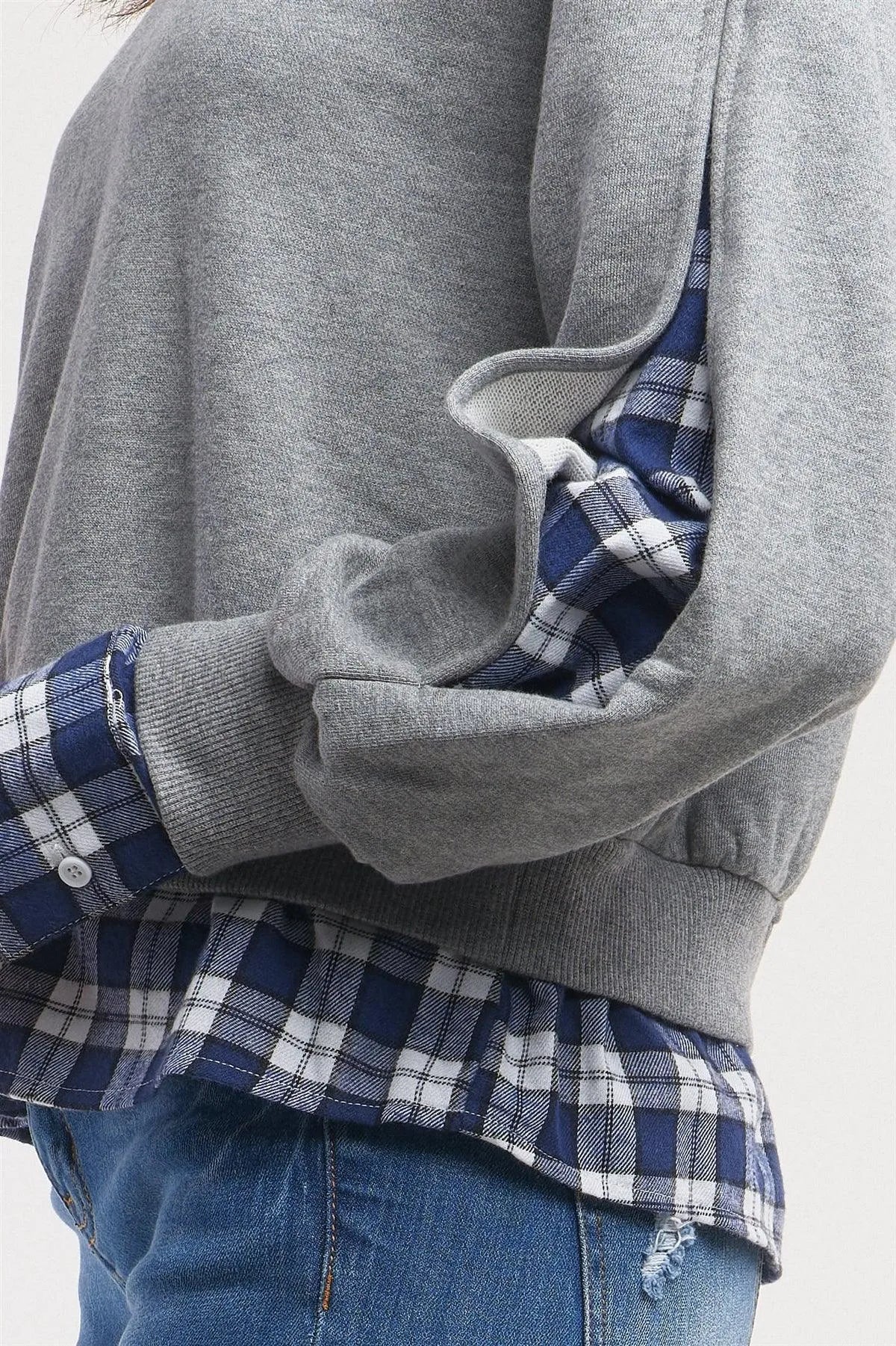 Grey Preppy Style Mock Shirt Checkered Flannel Hem Slit Sleeve Detail Sweater /1-2-2-1 - Tasha Apparel Wholesale