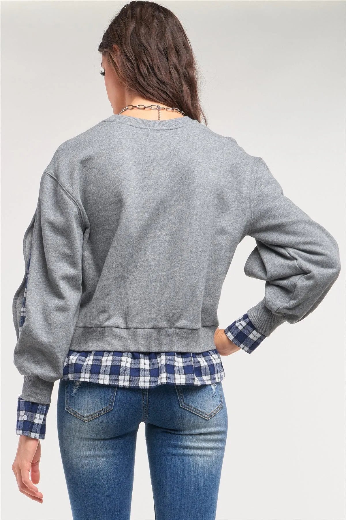 Grey Preppy Style Mock Shirt Checkered Flannel Hem Slit Sleeve Detail Sweater /1-2-2-1 - Tasha Apparel Wholesale
