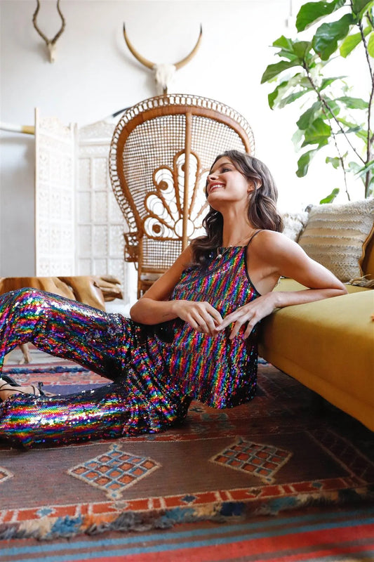 Multi Color Sequin Square Neck Cami Top & Flare Pants Set /1-2-2-1 - Tasha Apparel Wholesale