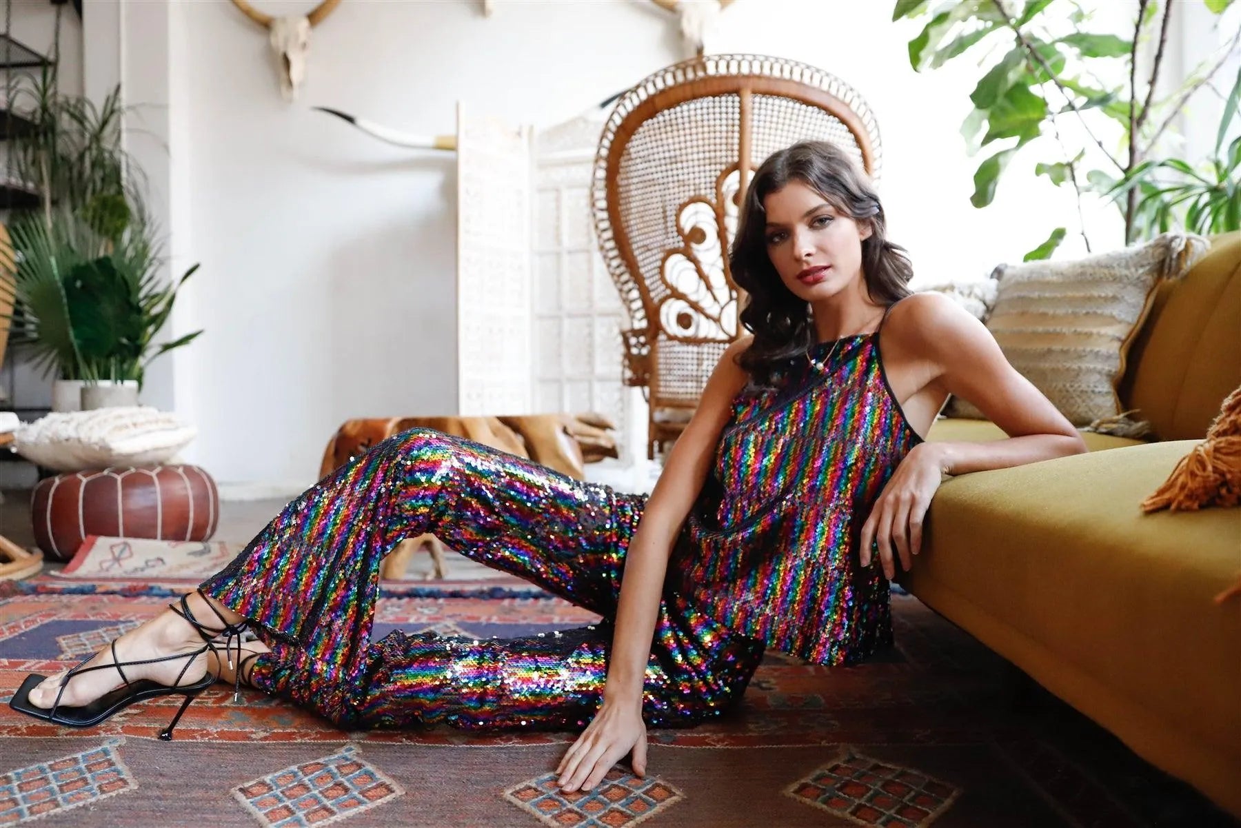 Multi Color Sequin Square Neck Cami Top & Flare Pants Set /1-2-2-1 - Tasha Apparel Wholesale