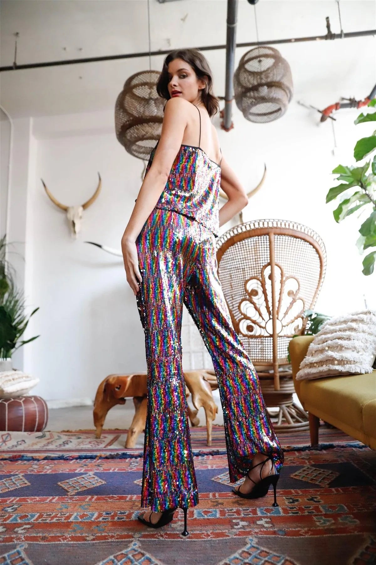 Multi Color Sequin Square Neck Cami Top & Flare Pants Set /1-2-2-1 - Tasha Apparel Wholesale