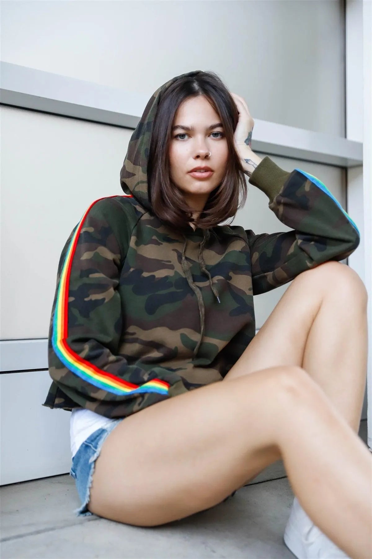 Camel & Olive Cotton Camo Rainbow Sleeve Detail Hooded Sweatshirt /1-2-2-1 - Tasha Apparel Wholesale