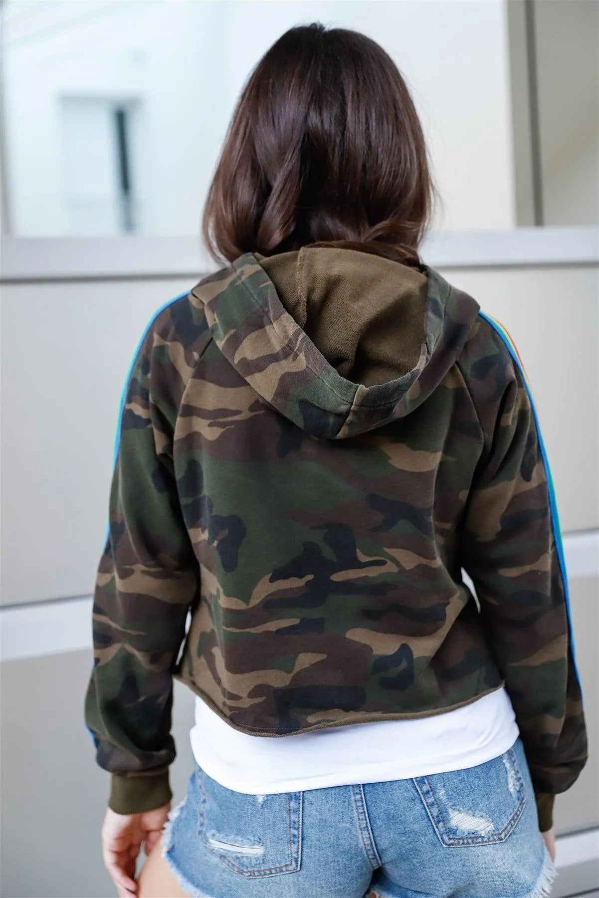 Camel & Olive Cotton Camo Rainbow Sleeve Detail Hooded Sweatshirt /1-2-2-1 - Tasha Apparel Wholesale