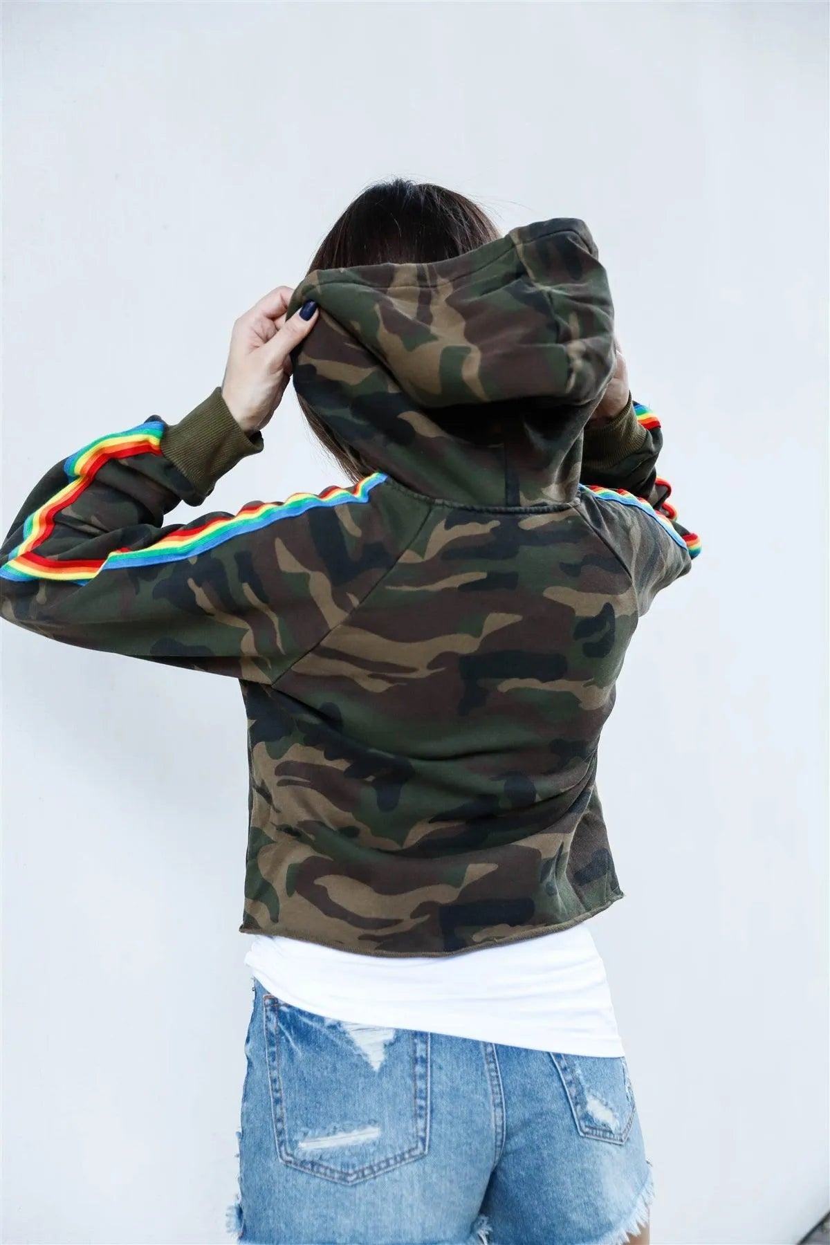 Camel & Olive Cotton Camo Rainbow Sleeve Detail Hooded Sweatshirt /1-2-2-1 - Tasha Apparel Wholesale