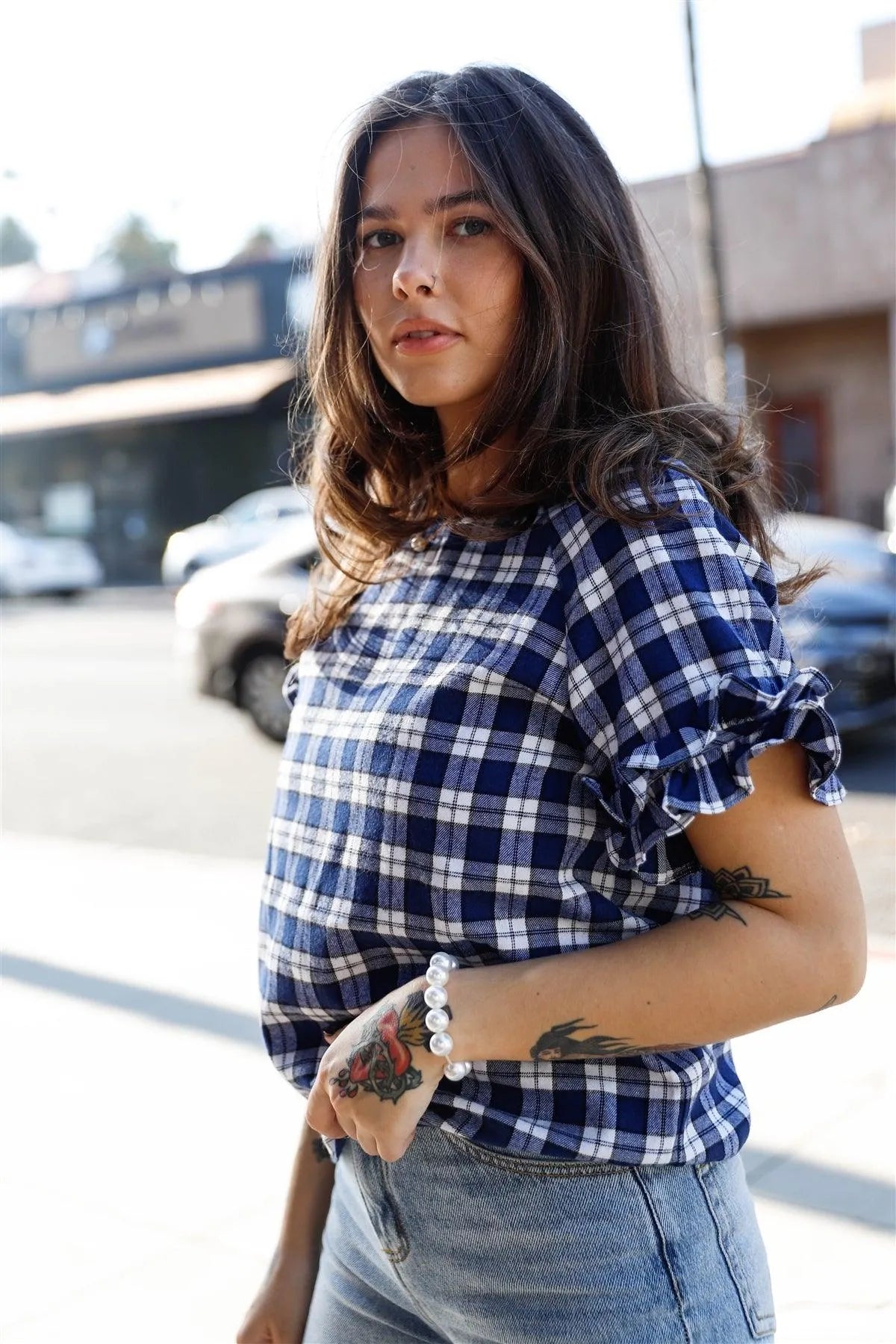 Navy Plaid Ruffled Cuff Short Sleeve Top /1-2-2-1 - Tasha Apparel Wholesale